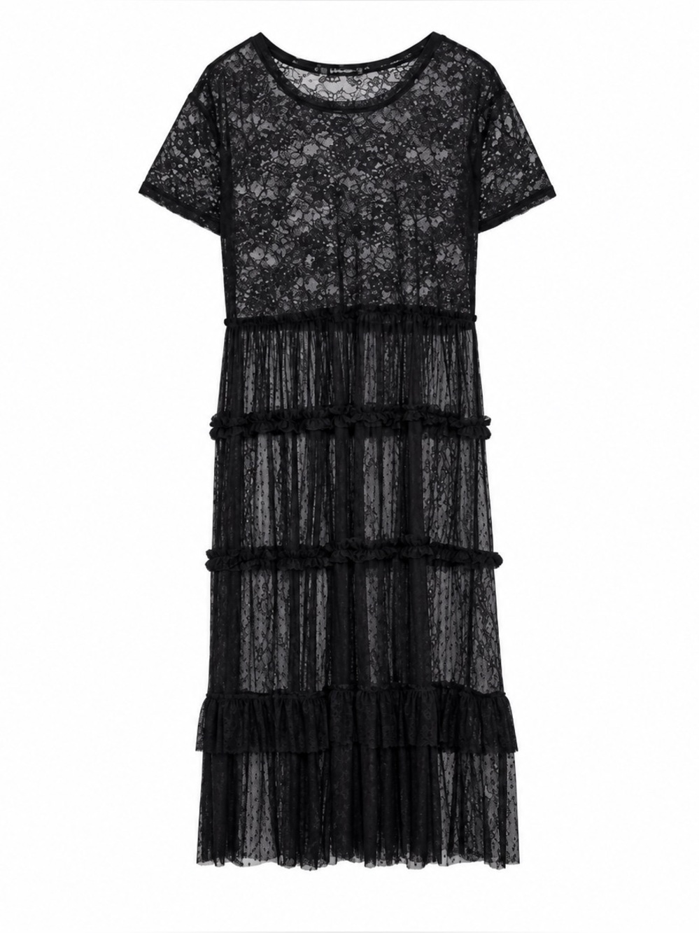 Zara Basic Black Sheer Floral Lace Tiered Ruffle Dress Size S Stretch